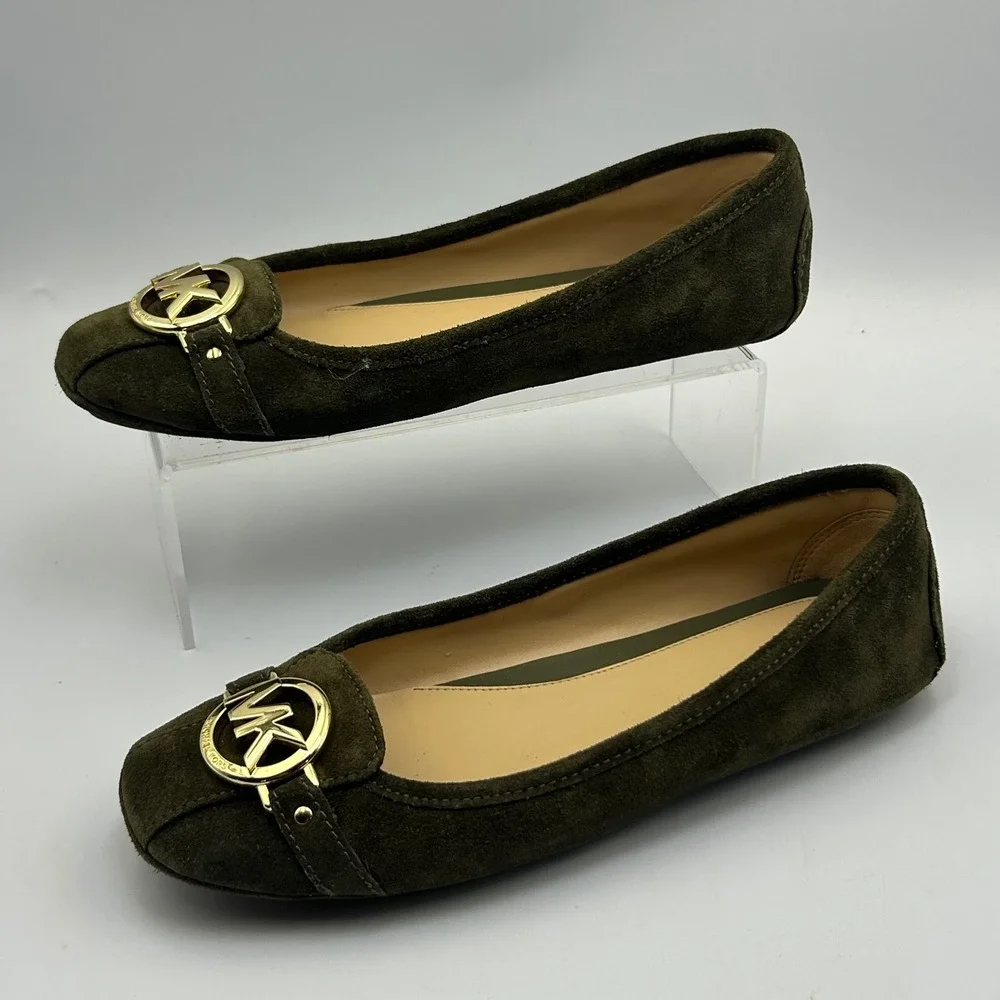 Michael Kors Fulton Ballet Flats Womens 8M Olive Green Suede Gold MK Logo Preppy